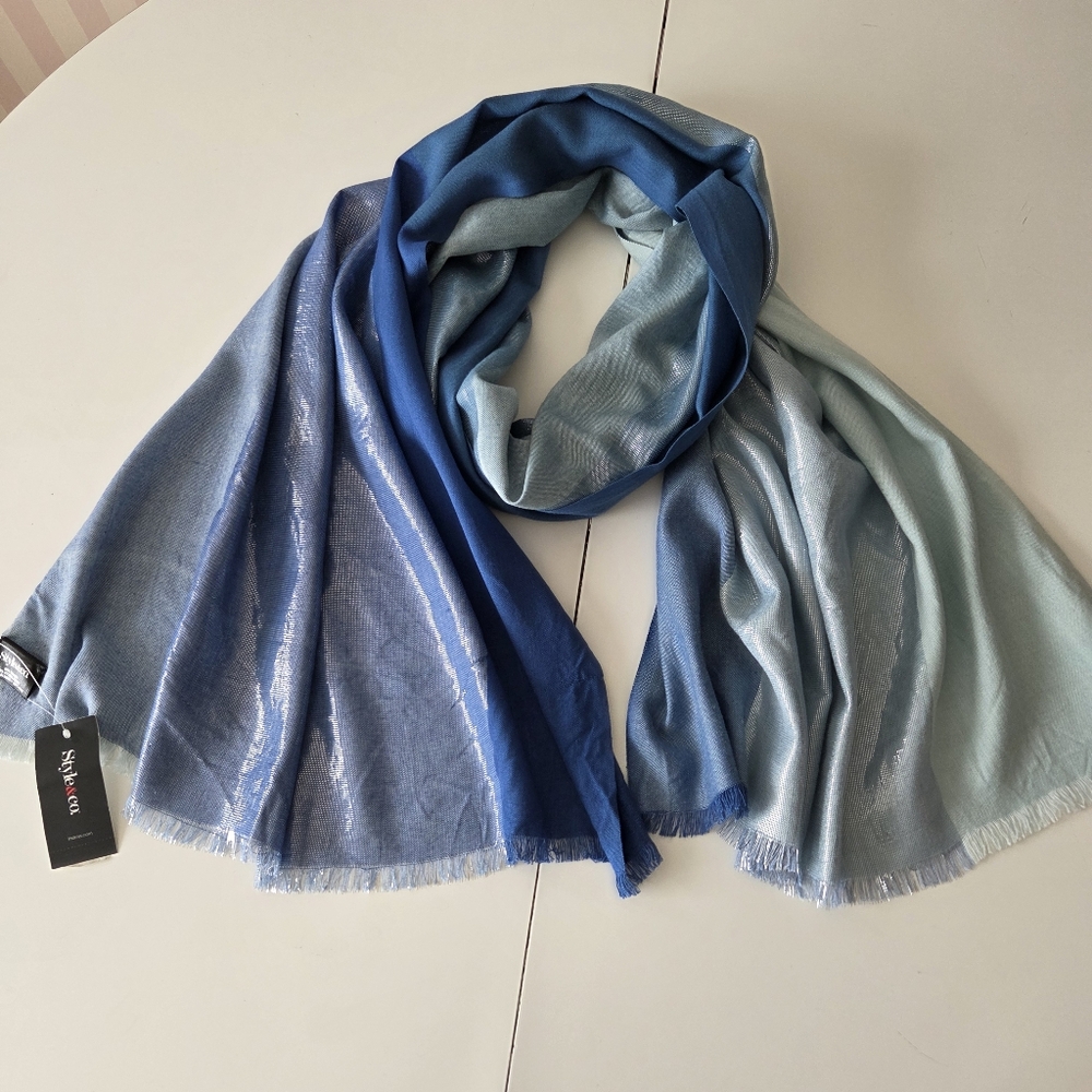 NWT Style & Co Blue Teal Metallic Striped Check Chambray Scarf 25×80 Inches